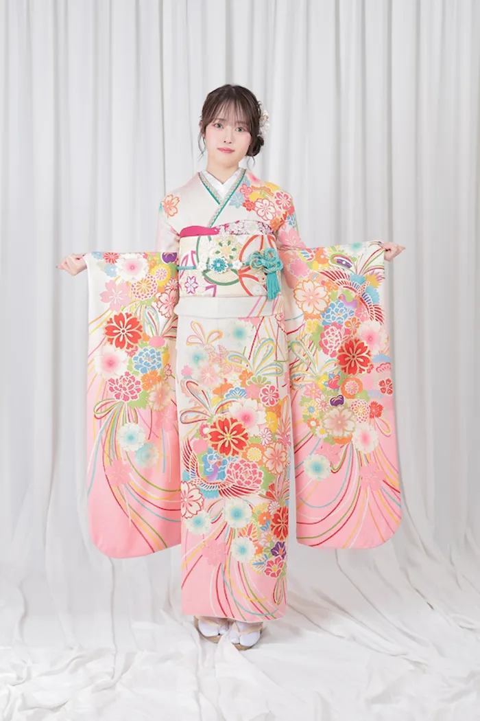 ピンク ベージュ 撫子 古典 LL 165cm-175cm｜ネット専門振袖レンタル