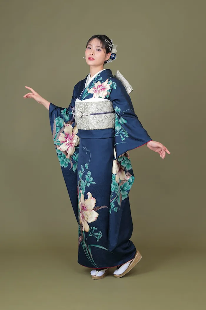 紺 カサブランカ レトロ L 159cm-168cm｜ネット専門振袖レンタル