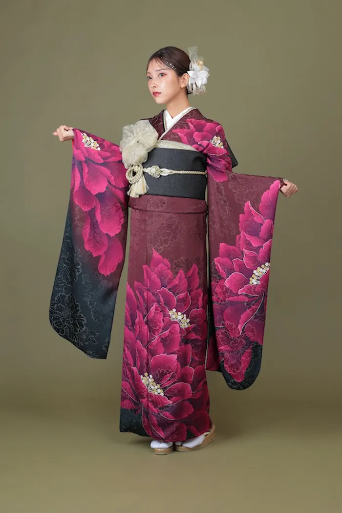 【本日限定価格！！】振袖 フルセット 落款入り 一点物 正絹 ボルドー 本日限定価格！！】振袖 フルセット 落款入り 一点物 正絹 ボルドー