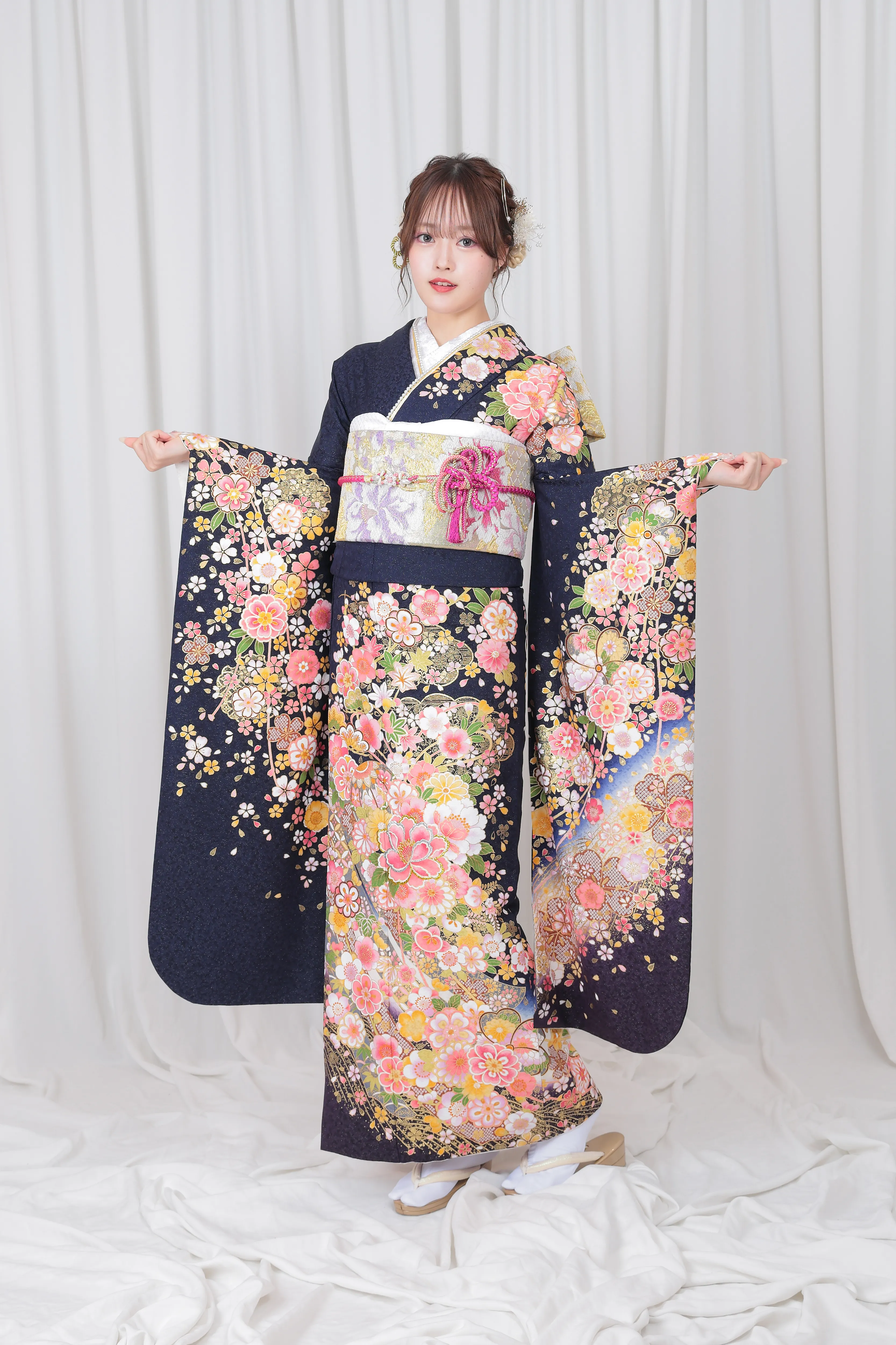 紺 小花 古典 L 159cm-168cm｜ネット専門振袖レンタルサービスFURISODE