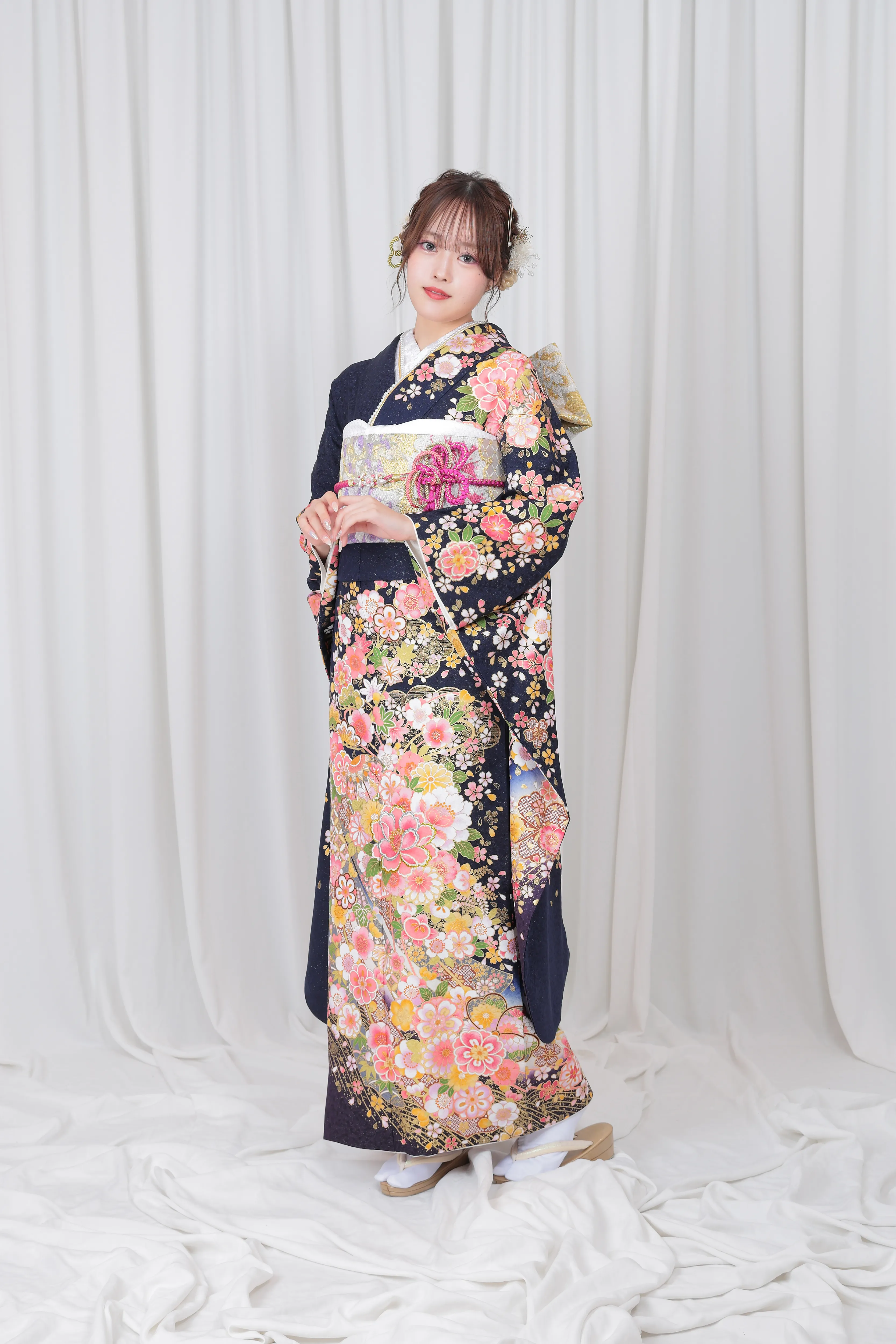 紺 小花 古典 L 159cm-168cm｜ネット専門振袖レンタルサービスFURISODE