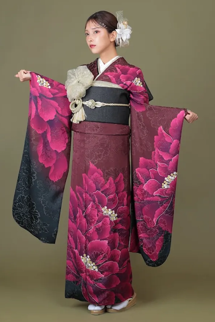 ボルドー 牡丹 ギャル M 158cm-168cm｜ネット専門振袖レンタルサービス