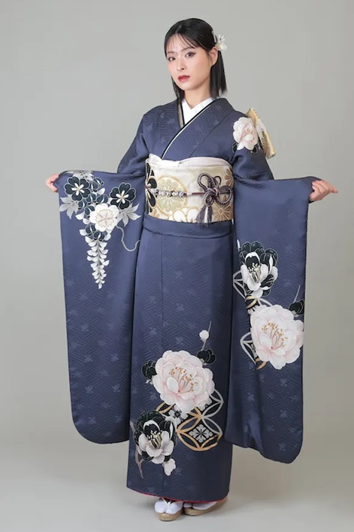 紺 カサブランカ レトロ L 159cm-168cm｜ネット専門振袖レンタル