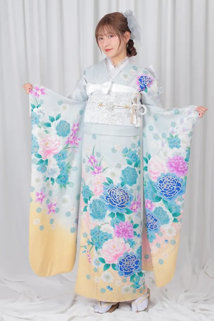 水色 クリーム 牡丹 洋風 M 158cm-168cm｜ネット専門振袖レンタル