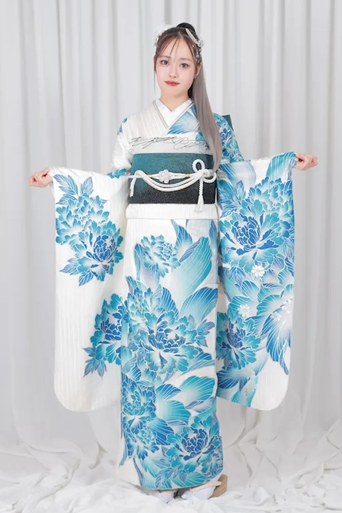 白 青 牡丹 ギャル M 158cm-168cm｜ネット専門振袖レンタルサービス